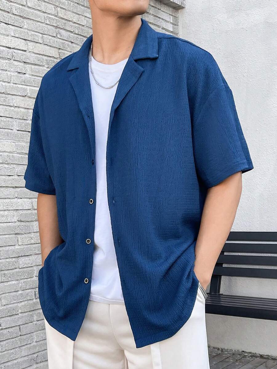 Manfinity Hypemode Nam Nút phía trước Thả vai Ngắn tay Áo sơ mi - Màu xanh lam - Xem 1