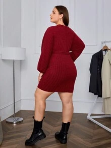 SHEIN Essnce Plus Lantern Sleeve Belted Bodycon Dress - Burgundy - View 2