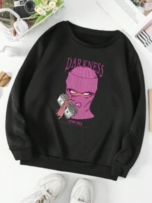 SHEIN EZwear Women's Round Neck Fleece Sweatshirt With Letter And Character Print - Black - View 6