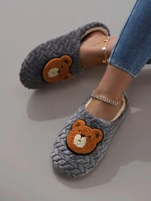 可愛的卡通刺繡毛絨熊女士家居拖鞋 - 灰色 - 查看 3