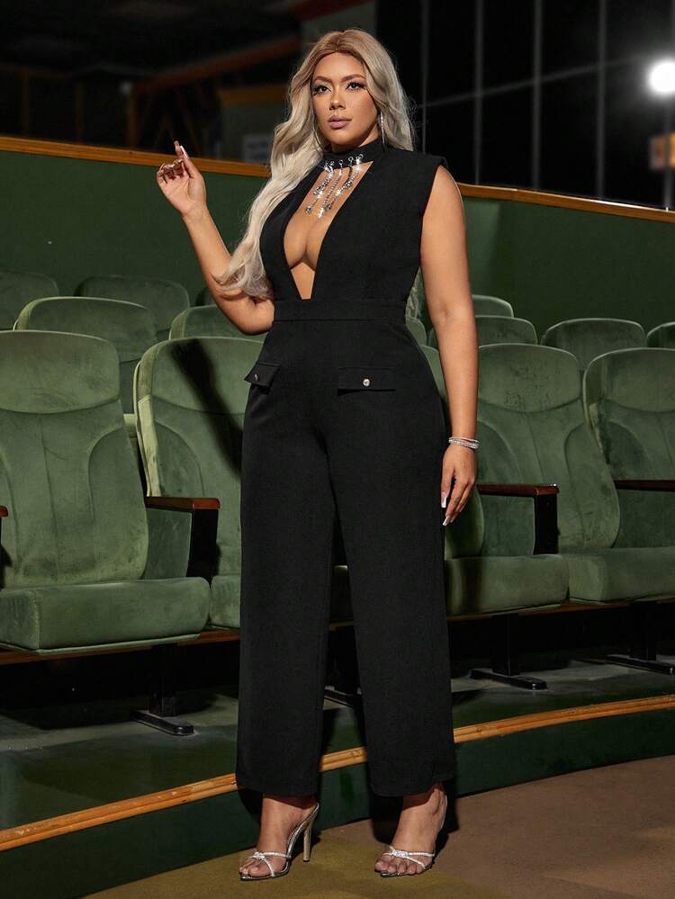 Plus Size Hollow Out Rhinestone & Chain Decor Jumpsuit