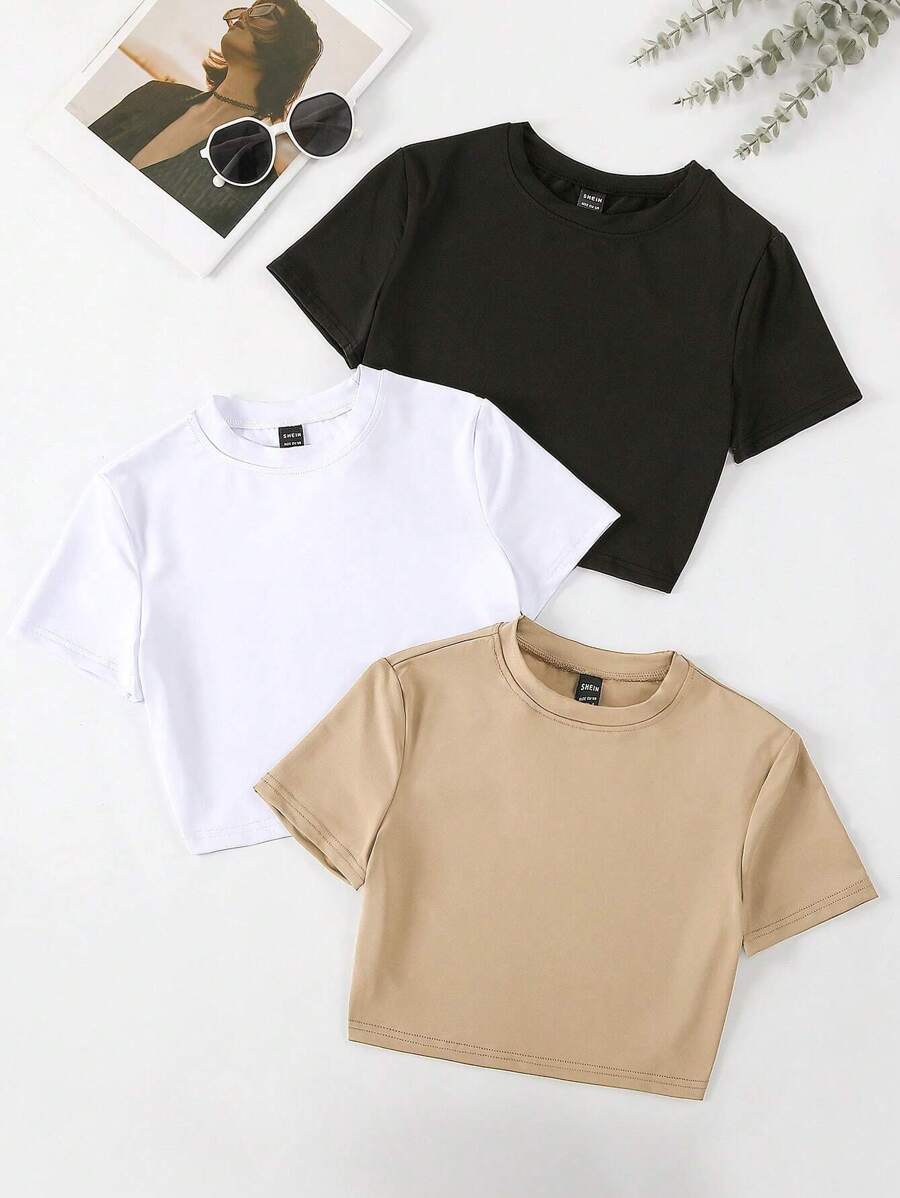 SHEIN Unity 女士圓領短袖上衣 - 卡其色 - 查看 1