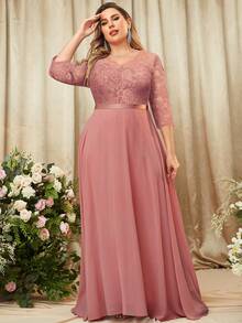MIUSOL Plus Floral Lace Contrast Chiffon 3/4 Sleeve Formal Party Long Dress, Holiday Women Maxi Dress, Elegant Party Dress For Women, Formal Evening Gown, Prom Dress, For Wedding Guest, Graduation, Dinner - Dusty Pink - View 6
