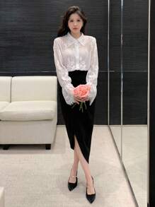 DAZY 宽松透明蕾丝长袖女式衬衫，荷叶边 - 白色 - 查看 3