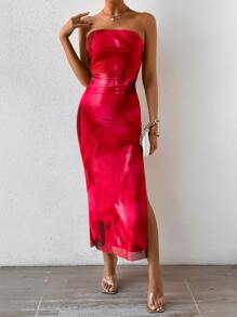 Islaluna 女式扎染露肩侧开衩连衣裙，适合新年服装，长款女装