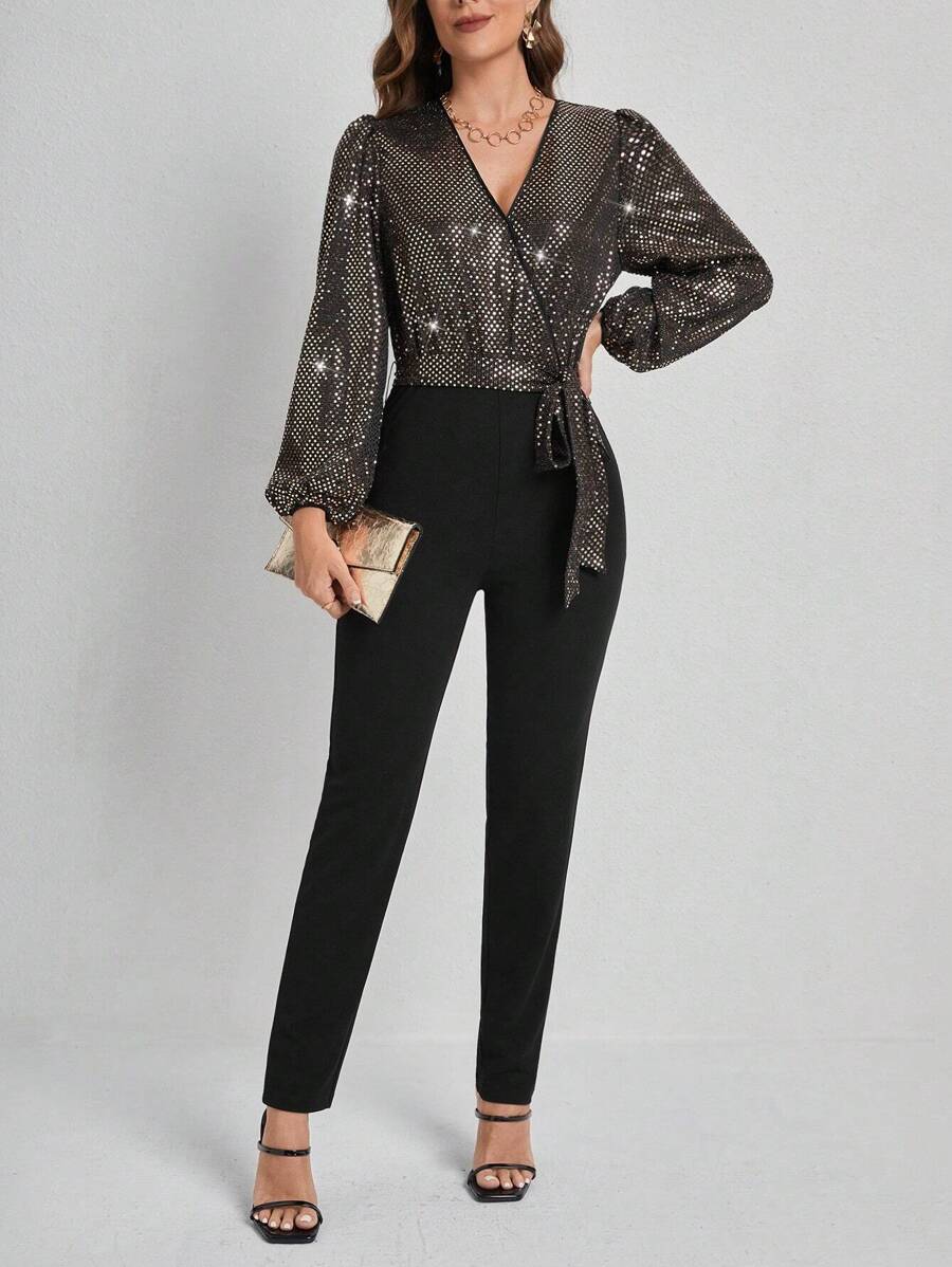 SHEIN Frenchy Women's Shiny Patchwork Lantern Sleeve Jumpsuit - Champagne - View 1