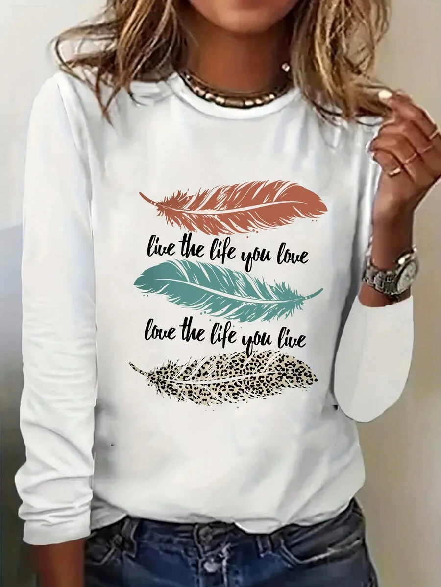 SHEIN EZwear 女士長袖印花t恤,印有標語和羽毛設計 - 白色 - 查看 1