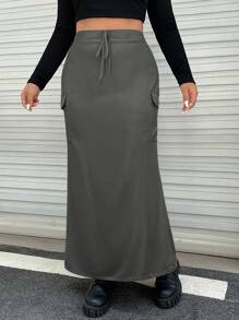 SHEIN EZwear Plus Size High Waist Cargo Utility Skirt - Grey - View 3