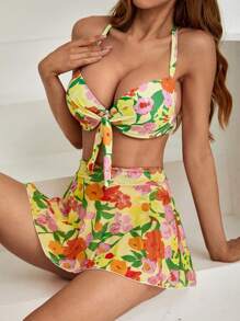 SHEIN Swim Floral Print Knot Front Bikini Top And High Cut Bottom Swimwear Set With Swim Skirt Summer - Multicolor - View 6
