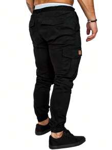 Manfinity Homme Men's Drawstring Waist Slant Pocket Cargo Pants, For Fall - Black - View 2