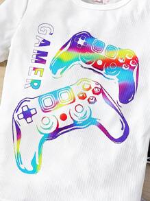 Ensembel Pyjama Pour Garçon De Transition Imprimé Console De Jeux Pour T-shirt À Manches Courtes Et Shorts, Coupe Ajustée Confortable, 2 Pièces/ensemble