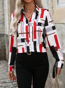 SHEIN Clasi Camisa de manga larga con estampado geométrico para mujer, tops de manga larga