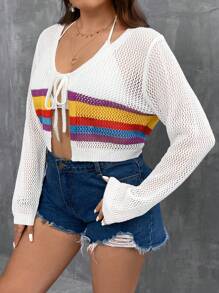 SHEIN LUNE Cárdigan De Talla Grande Para Mujer Con Rayas, Abertura Dividida En El Dobladillo - Multicolor - Ver 6