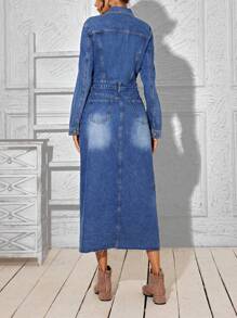 SHEIN LUNE 長袖牛仔襯衫裙(不帶腰帶),已洗水 - 中等水洗藍 - 查看 2