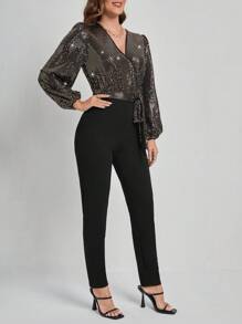 SHEIN Frenchy Women's Shiny Patchwork Lantern Sleeve Jumpsuit - Champagne - View 5
