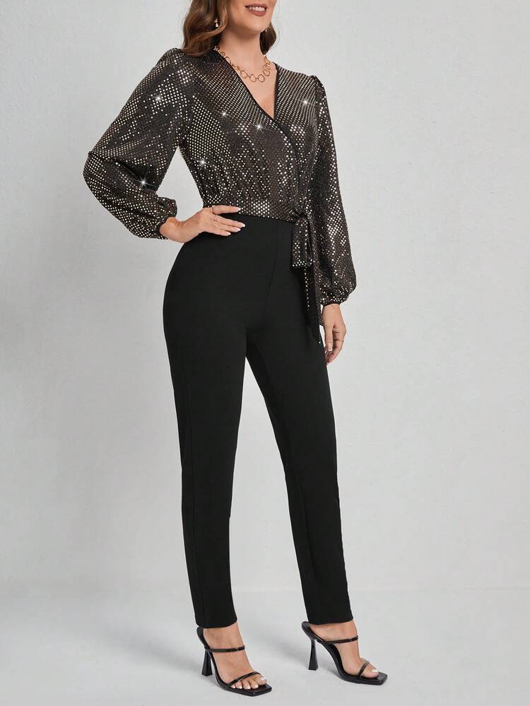 Women's Shiny Patchwork Lantern Sleeve Jumpsuit