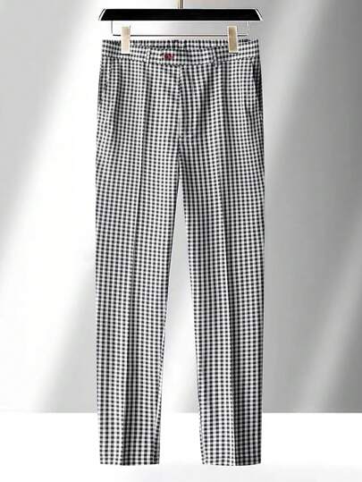 Calvornis Men'S Plus Size Gingham Pattern Suit Pants With Pocket And Side Stripe Detail