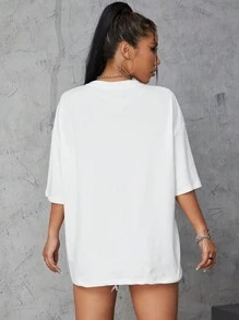 SHEIN EZwear In xe hơi và chữ cái Thả vai Áo thun - trắng - Xem 2