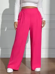 SHEIN EZwear 女士加大碼純色彈性腰寬腿褲子 - 玫紅色 - 查看 5