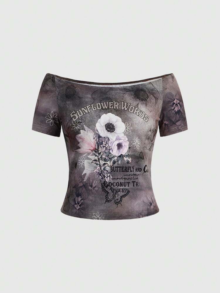 Women's Vintage Floral Position Printing Short Sleeve T-shirt