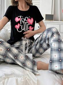 女士字母印花格紋睡衣套裝 - 黑色 - 查看 1