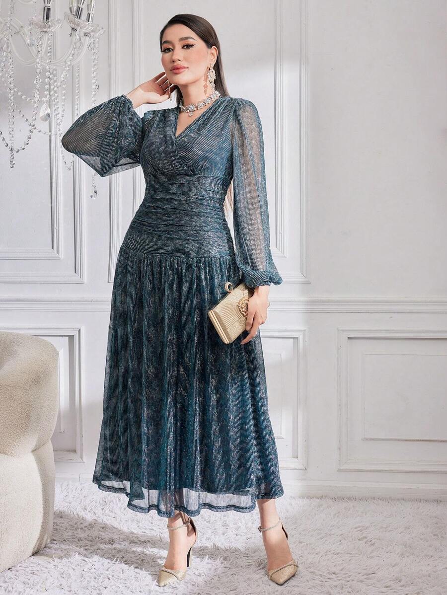 Modelyn Wrap Lantern Long Sleeve Dress Long Evening Dresses - Blue - View 1