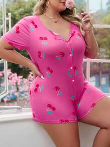 SHEIN 大碼櫻桃印花睡衣連體褲 - 玫紅色 - 查看 1