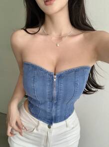 DAZY Women'S Denim Jacket Tube Top - Blue - View 9