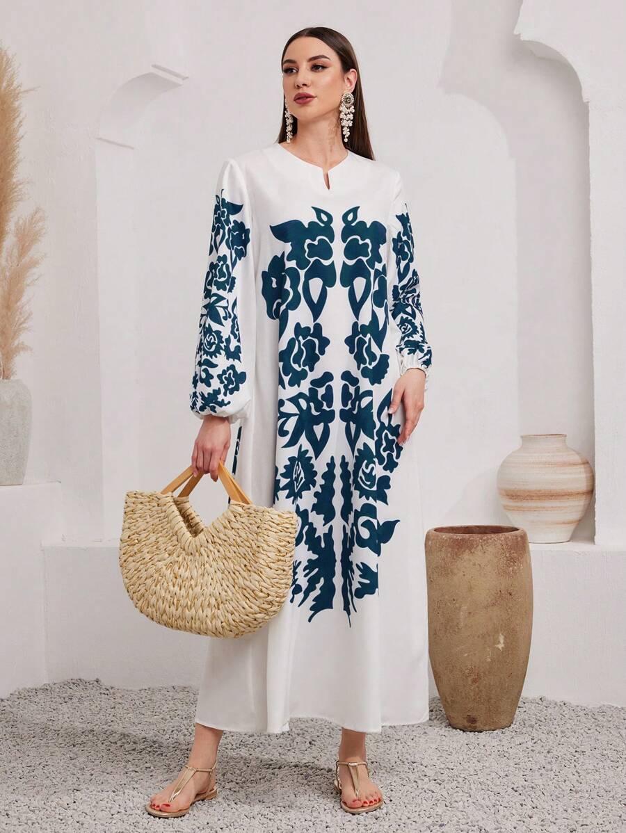 Al Najma 女式印花燈籠袖阿拉伯風格連衣裙 - 彩色 - 查看 1