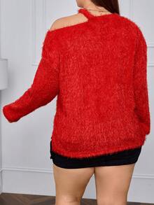 SHEIN Essnce Plus Cut Out Drop Shoulder Tee - Red - View 2