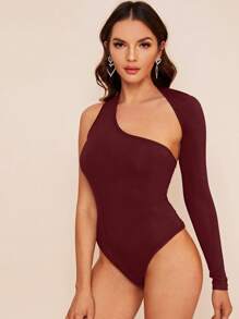 SHEIN Privé 女士單肩露肩連身衣 - 酒紅色 - 查看 1