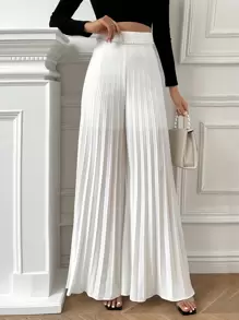 SHEIN Privé 女性夏季假期款優雅珍珠裝飾褶皺寬腳褲 - 白色 - 查看 1