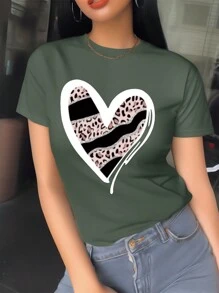 Chiquease Leopard Heart Print Round Neck Short Sleeve T-Shirt - Green - View 1