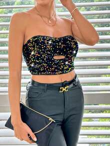 SHEIN Privé 露肩空心打底衫,鑲有閃爍細節 - 藍色 - 查看 5