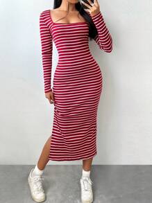 SHEIN EZwear Sọc Tay áo dài Bên Khe Đầm - Đỏ - Xem 1