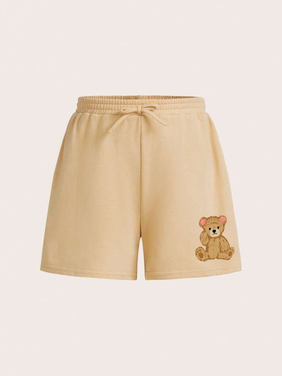 SHEIN 少女時尚針織直筒短褲,適合日常穿著 - 卡其色 - 查看 1