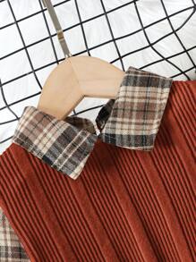 SHEIN 女孩中長款格子拼接裙,腰帶腰身和長袖適合秋季穿著 - 紅木色 - 查看 4