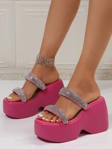 11cm Wedge Heel Sandals For Women, Sexy Rhinestone Embellished Non-Slip Sole Platform, Square Toe Outdoor Sandals For Beach, Thick Bottom High Heel Slip-On Shoes - Hot Pink - View 3