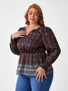 Studio Dri Artist Women's Plus Size Notched Neckline Allover Print Waist-Cinching Top, For Holiday, Vacation, Spring, Going Out, Festival, Ibiza Fits - Multicolor - View 4