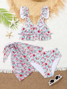 Girl Floral Printed Bikini Set, For Tween Girls Summer Beach - Multicolor - View 5