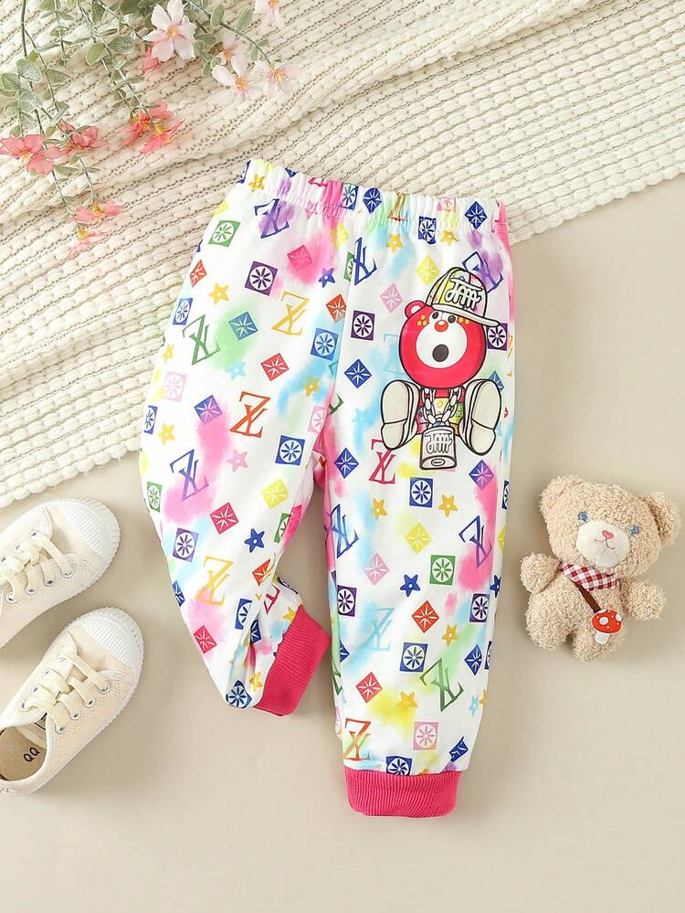 Baby Girls' Fall & Winter Tie-Dye Printed Bear Patterned Bottoms