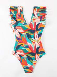 SHEIN Swim 女士一件式泳衣,配有花卉印花,狂歡節風格 - 彩色 - 查看 7