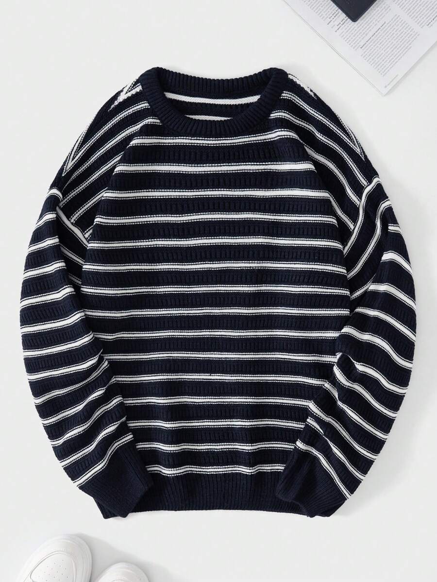 SHEIN Cottnline Men's Round Neck Striped Sweater - Navy Blue - View 1