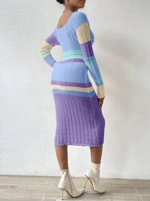 SHEIN Essnce 露肩長袖彩色區塊毛衣裙 - 淺藍色 - 查看 2