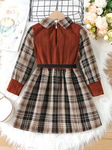 SHEIN 女孩中長款格子拼接裙,腰帶腰身和長袖適合秋季穿著 - 紅木色 - 查看 2