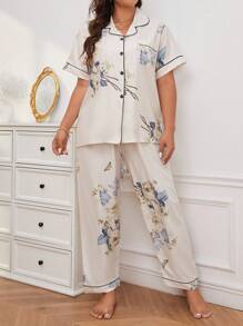Plus Size Women's Floral Printed Short Sleeve Shirt & Shorts Pajama Set, Loose Fit And Comfortable Home Clothing For Spring, Vacation