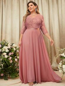 MIUSOL Plus Floral Lace Contrast Chiffon 3/4 Sleeve Formal Party Long Dress, Holiday Women Maxi Dress, Elegant Party Dress For Women, Formal Evening Gown, Prom Dress, For Wedding Guest, Graduation, Dinner - Dusty Pink - View 5