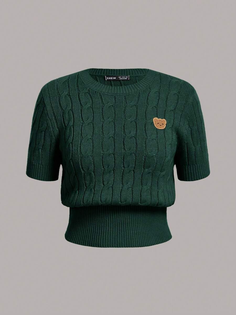 SHEIN EZwear 女士針織短袖衫,熊繡花圖案 - 綠色 - 查看 1