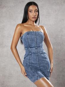 SHEIN BAE Top De Tubo Sexy Y Shorts De Mezclilla Con Borde Crudo Lavado Para Mujeres Y Atuendos De Concierto