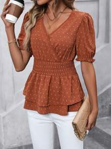 SHEIN Clasi Của phụ nữ Hai lớp Xù Hoa Sen Nếp uốn Vòng eo Áo sơ mi - màu nâu - Xem 6